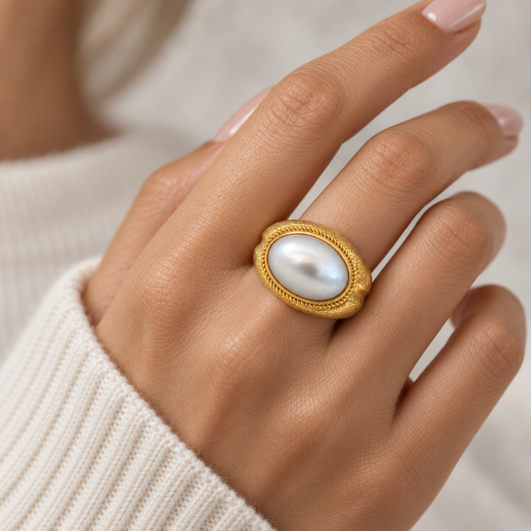 18K Yellow Gold Oval Pearl Statement Ring