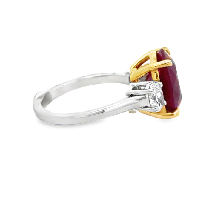6.14 CT Ruby &amp; 0.64 CTW Diamond 18K White &amp; Yellow Gold Three-Stone Ring