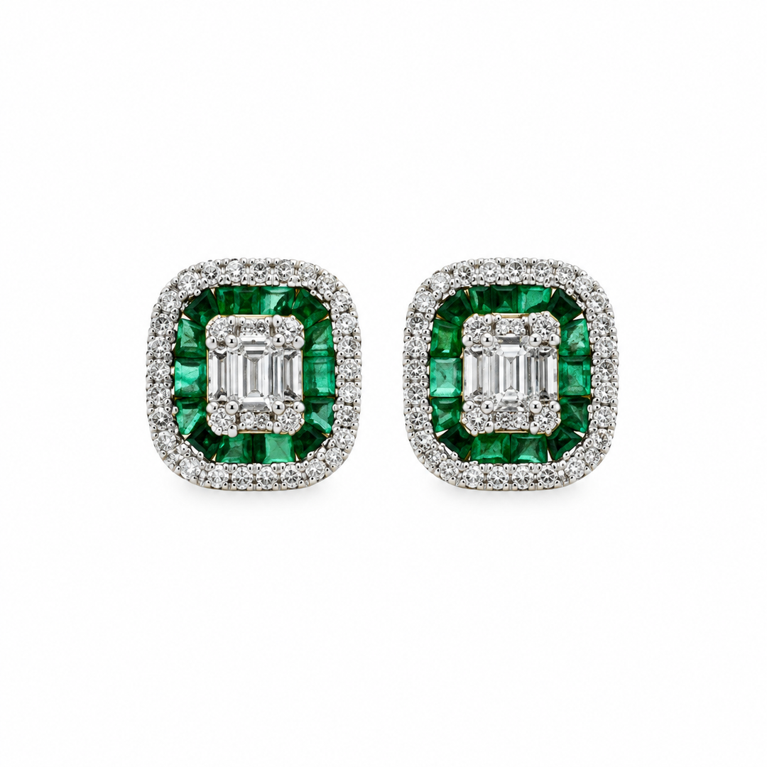 0.54 CTW Emerald & 0.36 CTW Diamond 14K Two-Tone Gold Emerald-Cut Halo Stud Earrings