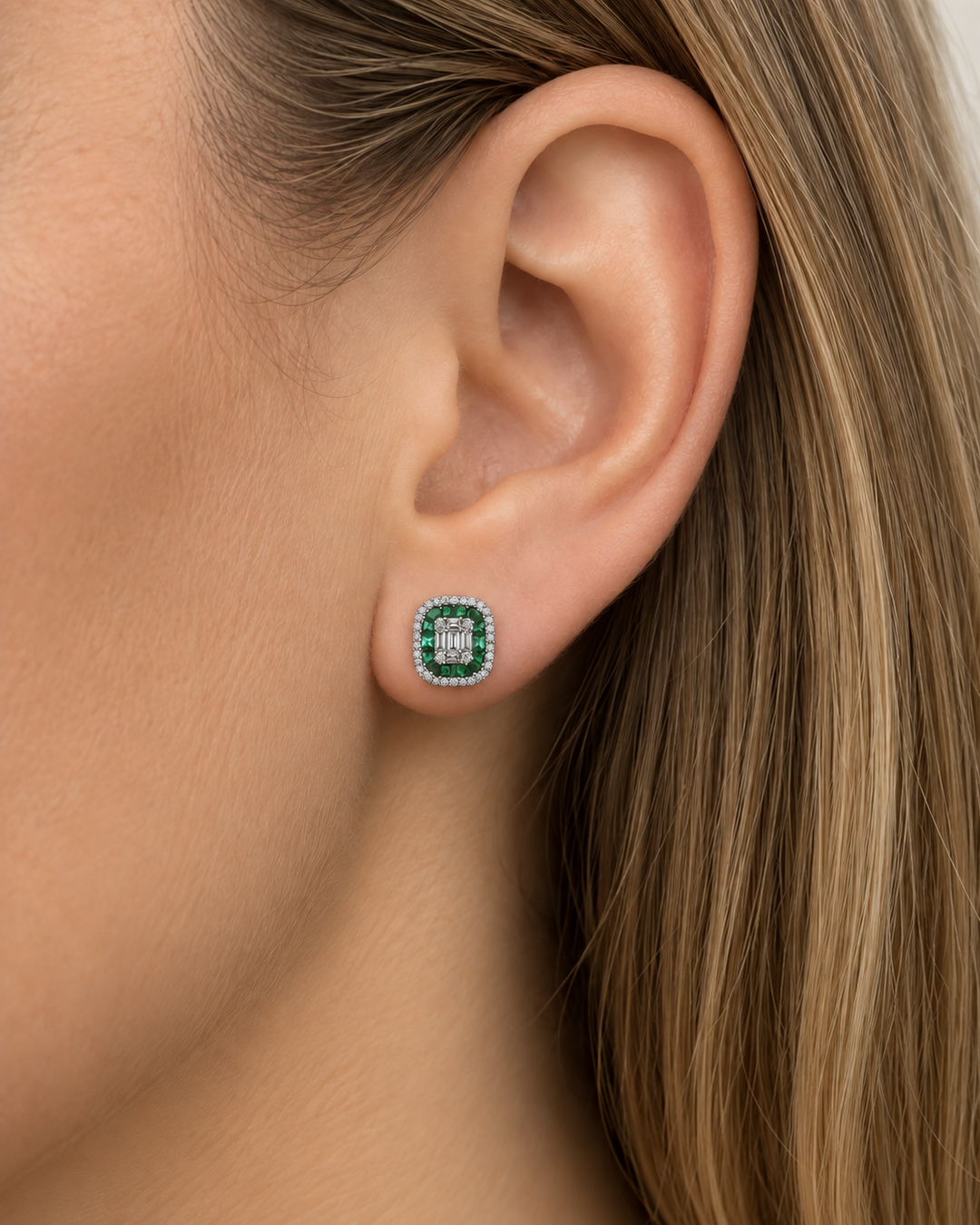 0.54 CTW Emerald &amp; 0.36 CTW Diamond 14K Two-Tone Gold Emerald-Cut Halo Stud Earrings