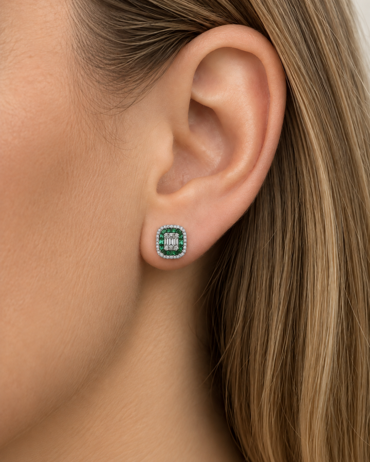 0.54 CTW Emerald &amp; 0.36 CTW Diamond 14K Two-Tone Gold Emerald-Cut Halo Stud Earrings