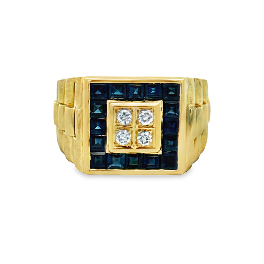 0.12 CTW Diamond &amp; Sapphire 18K Yellow Gold Men’s Ring