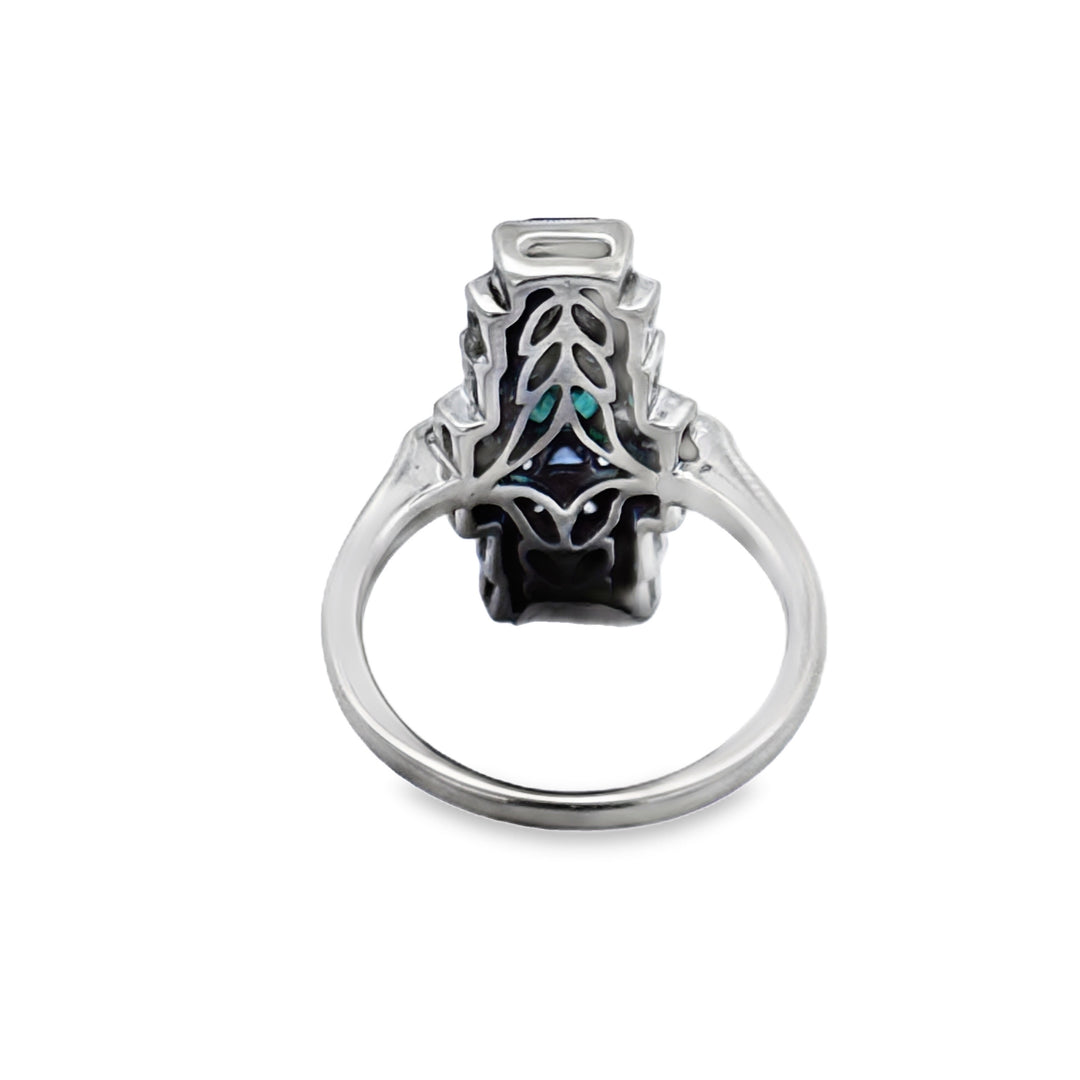 Vintage 0.15 CTW Diamond Emerald Sapphire 18K White Gold Elongated Ring