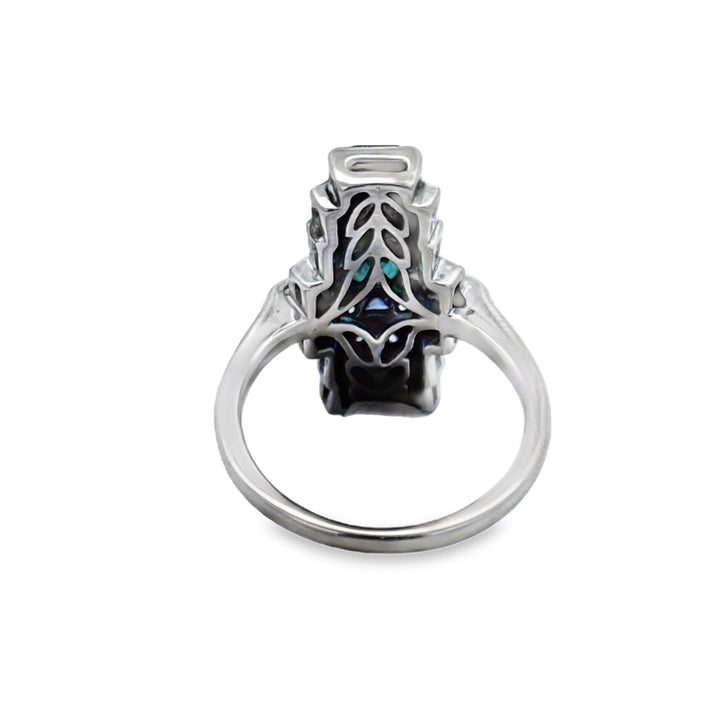 Vintage 0.15 CTW Diamond Emerald Sapphire 18K White Gold Elongated Ring
