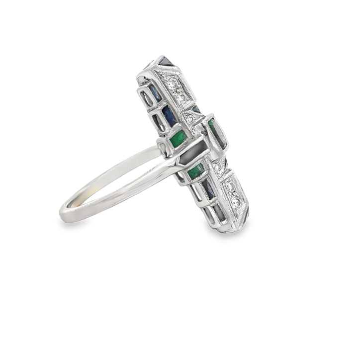 Vintage 0.15 CTW Diamond Emerald Sapphire 18K White Gold Elongated Ring