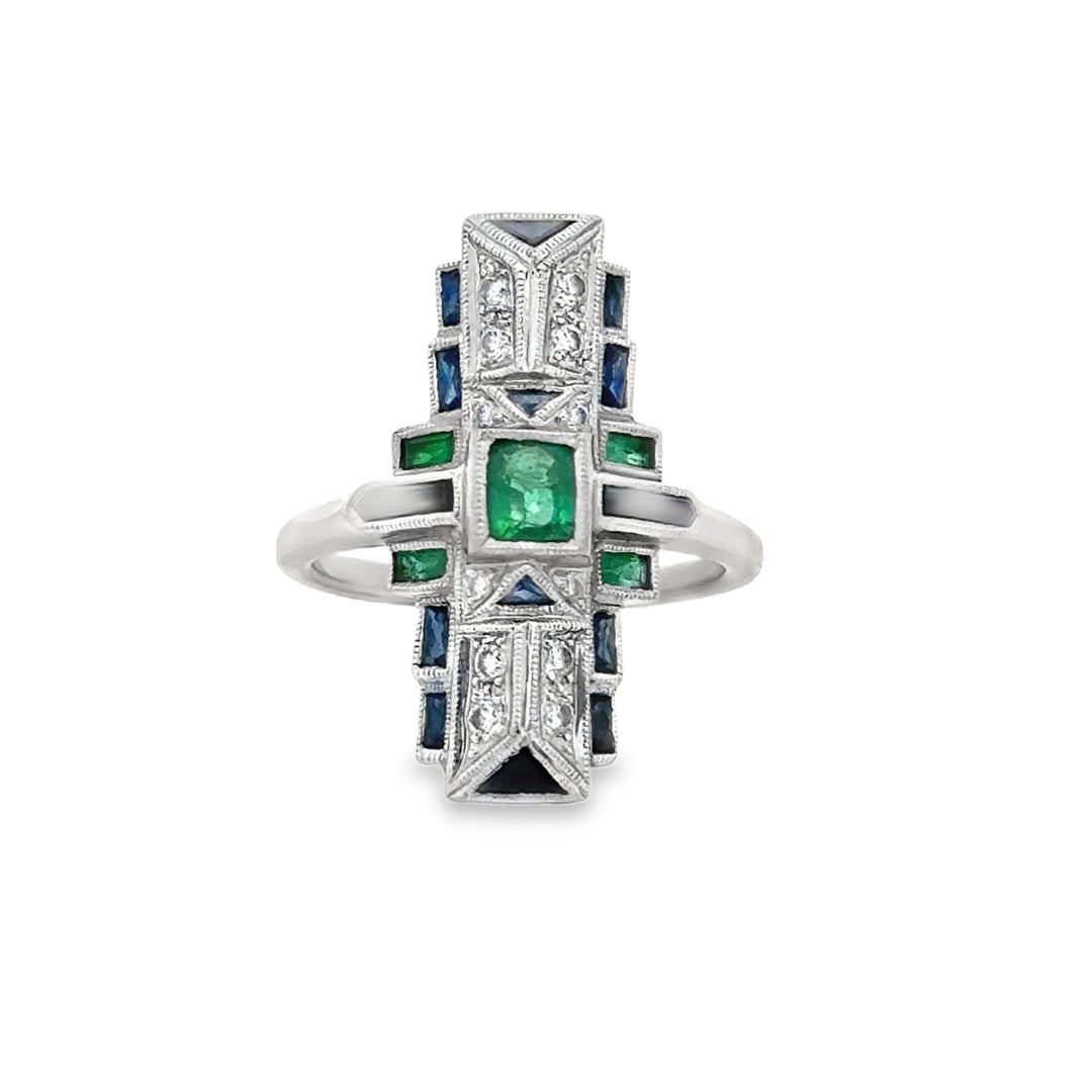Vintage 0.15 CTW Diamond Emerald Sapphire 18K White Gold Elongated Ring