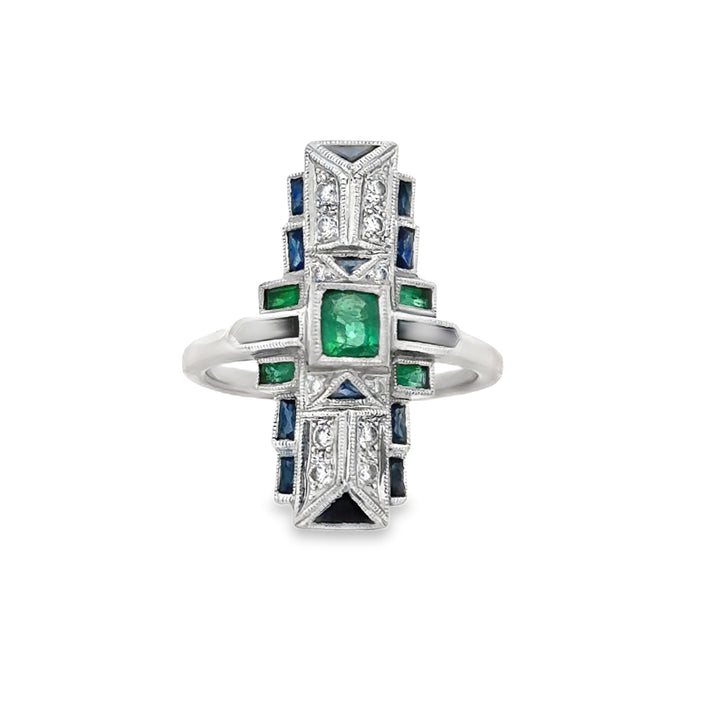 Vintage 0.15 CTW Diamond Emerald Sapphire 18K White Gold Elongated Ring