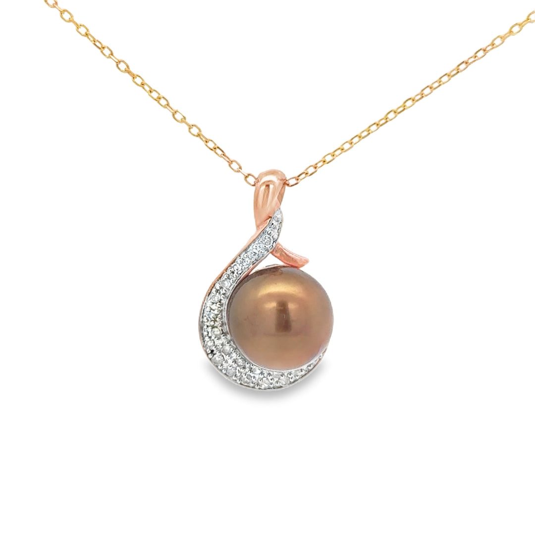 0.12 CTW Diamond &amp; 9mm Golden-Brown Pearl 14K Rose Gold Pendant Necklace
