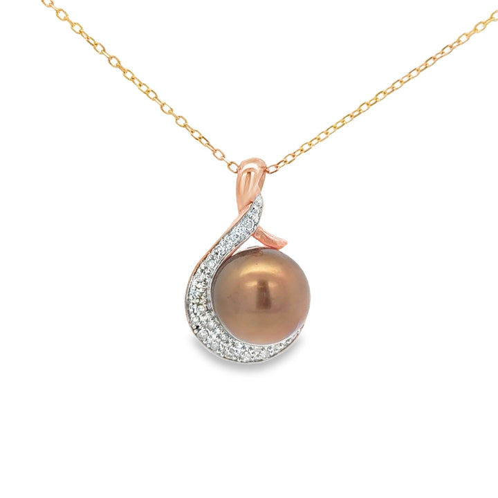 0.12 CTW Diamond &amp; 9mm Golden-Brown Pearl 14K Rose Gold Pendant Necklace