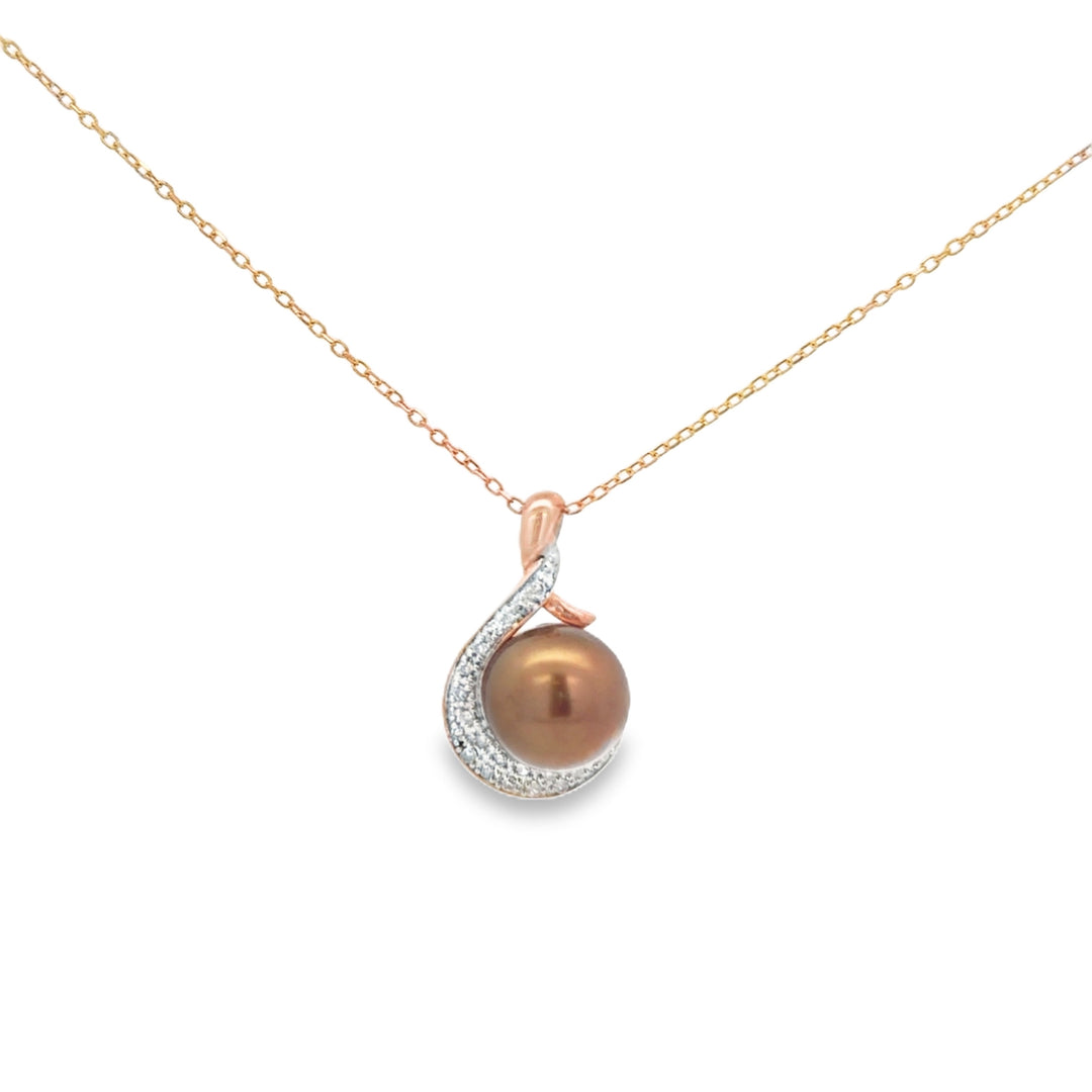 0.12 CTW Diamond &amp; 9mm Golden-Brown Pearl 14K Rose Gold Pendant Necklace