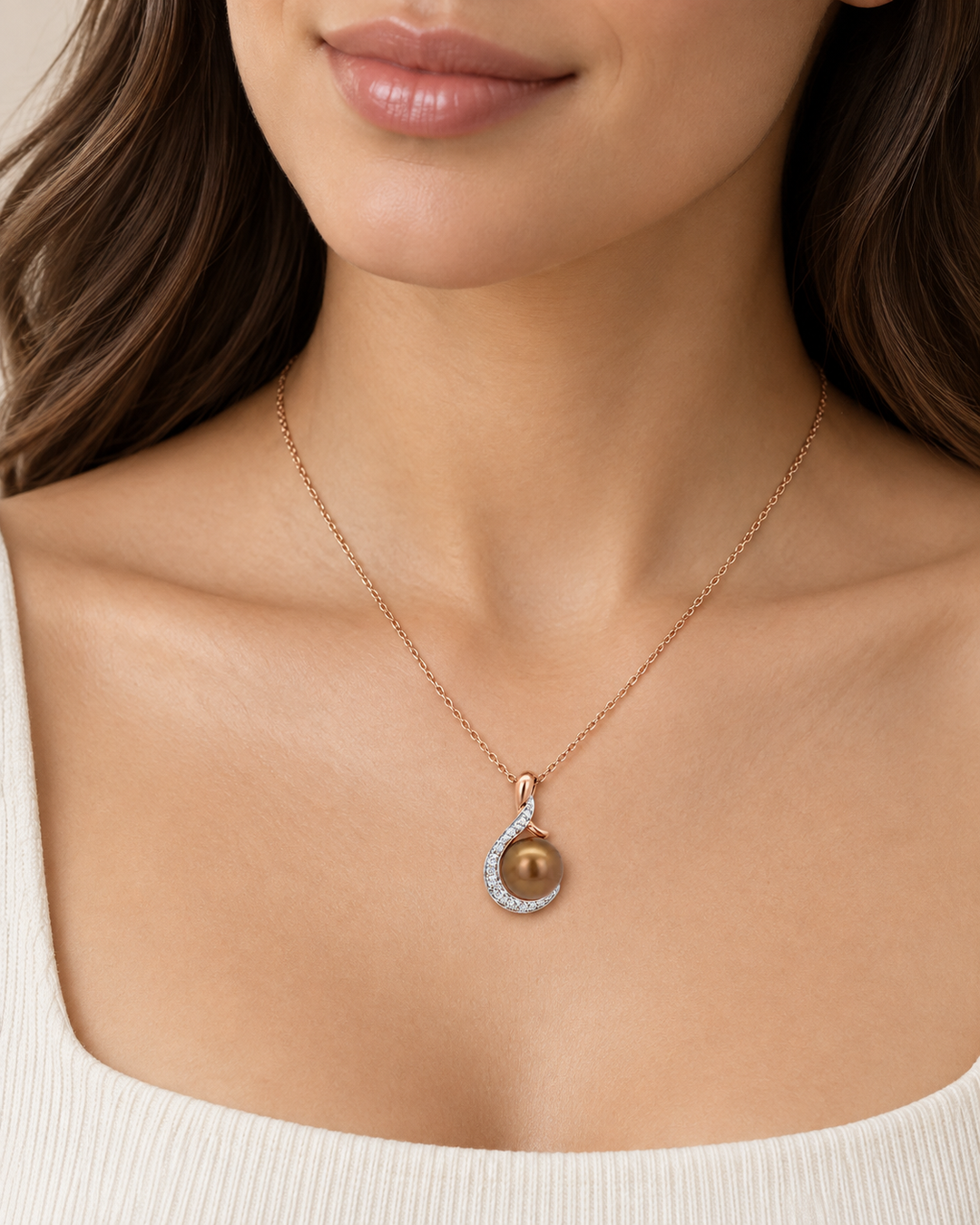 0.12 CTW Diamond &amp; 9mm Golden-Brown Pearl 14K Rose Gold Pendant Necklace