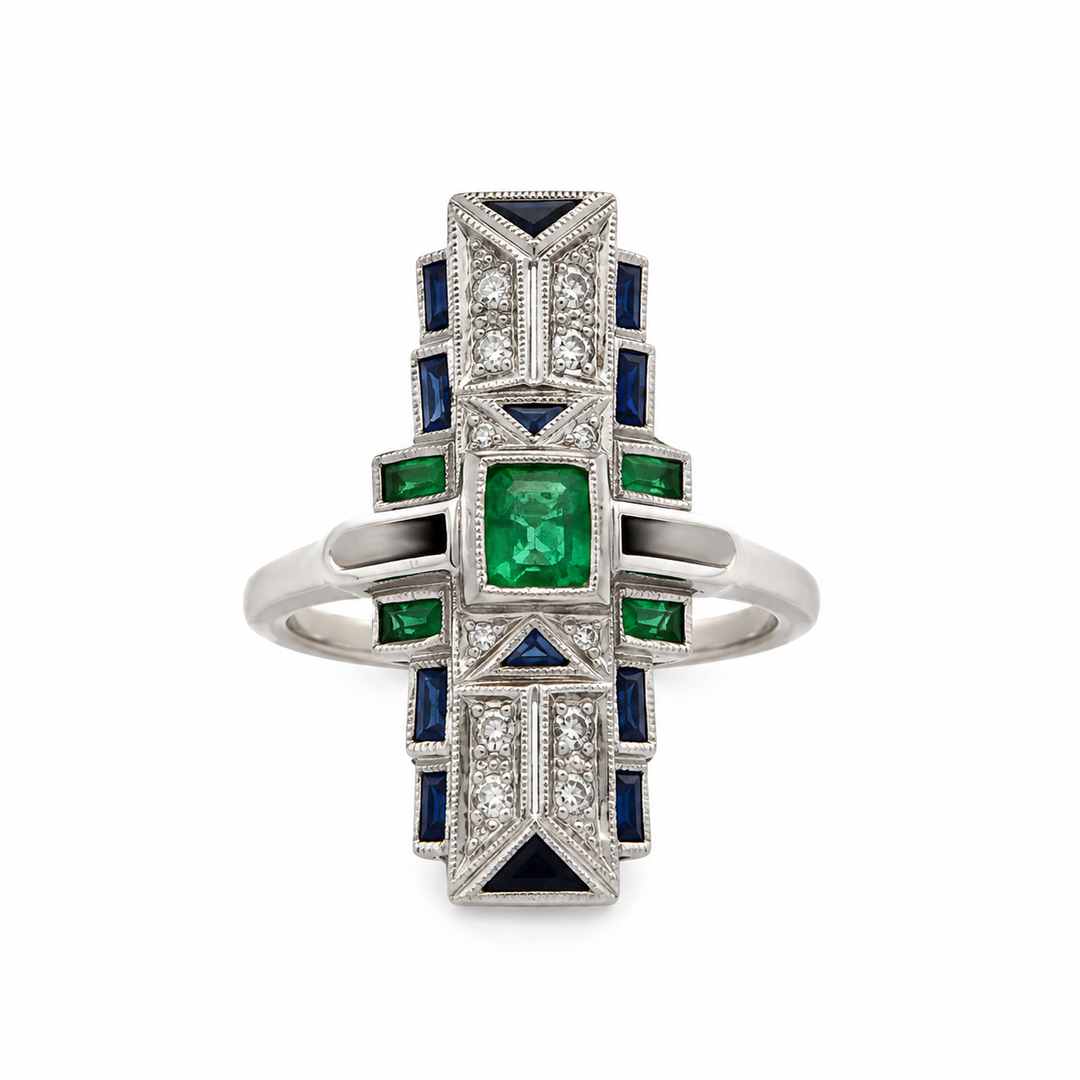 Vintage 0.15 CTW Diamond Emerald Sapphire 18K White Gold Elongated Ring