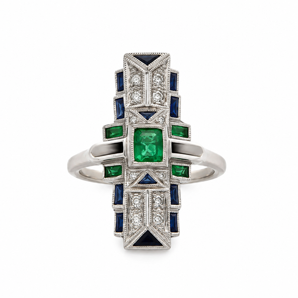 Vintage 0.15 CTW Diamond Emerald Sapphire 18K White Gold Elongated Ring