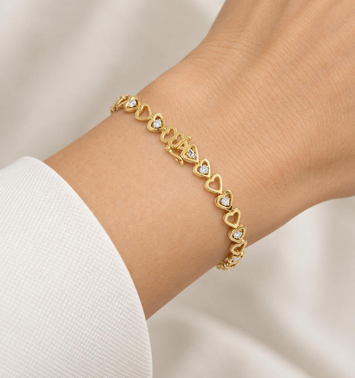 1.00 CTW Diamond Heart Link 14K Yellow Gold Bracelet