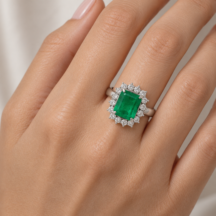 3.13 CT Emerald &amp; 1.01 CTW Diamond Platinum Halo Ring