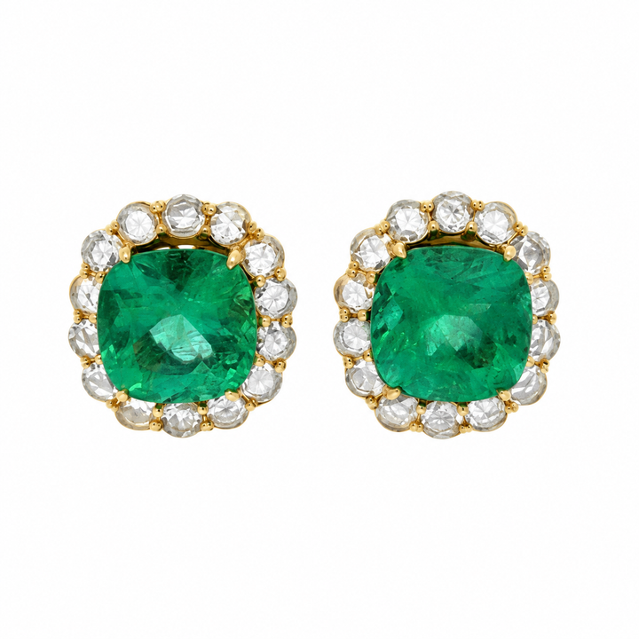 10.33 CTW Emerald 3.32 CTW Diamond 18K Yellow Gold Stud Earrings