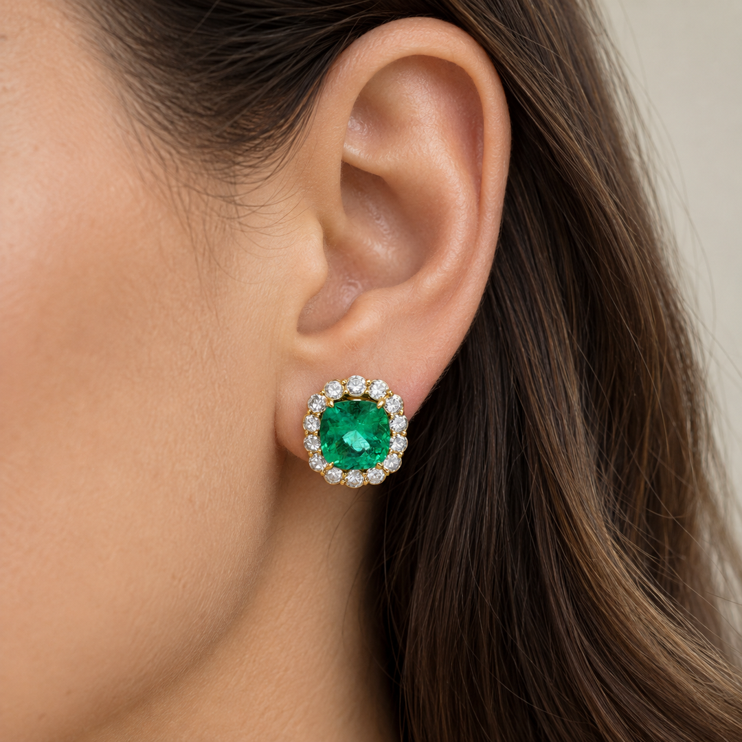 10.33 CTW Emerald 3.32 CTW Diamond 18K Yellow Gold Stud Earrings