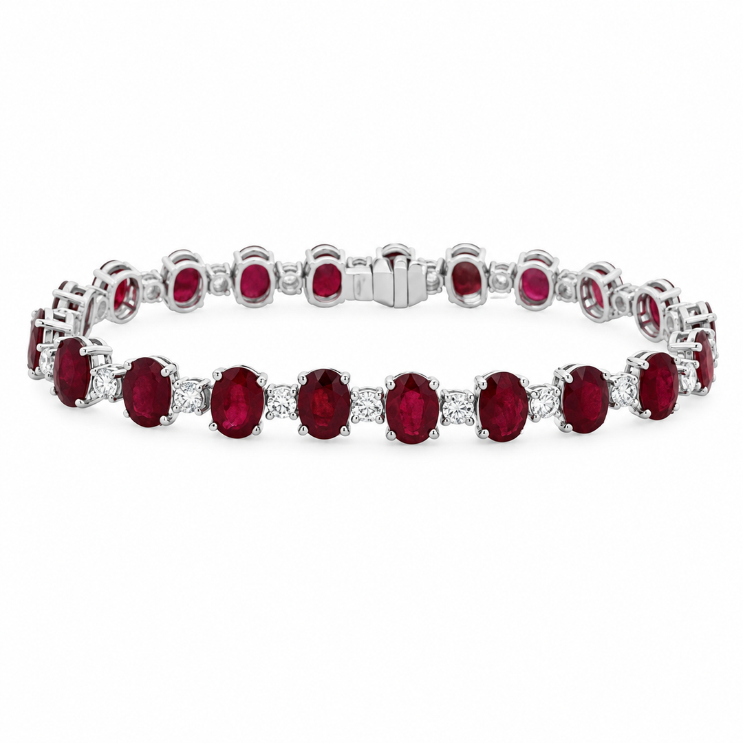 18.99 CTW Ruby & 2.12 CTW Diamond 18K White Gold Tennis Bracelet