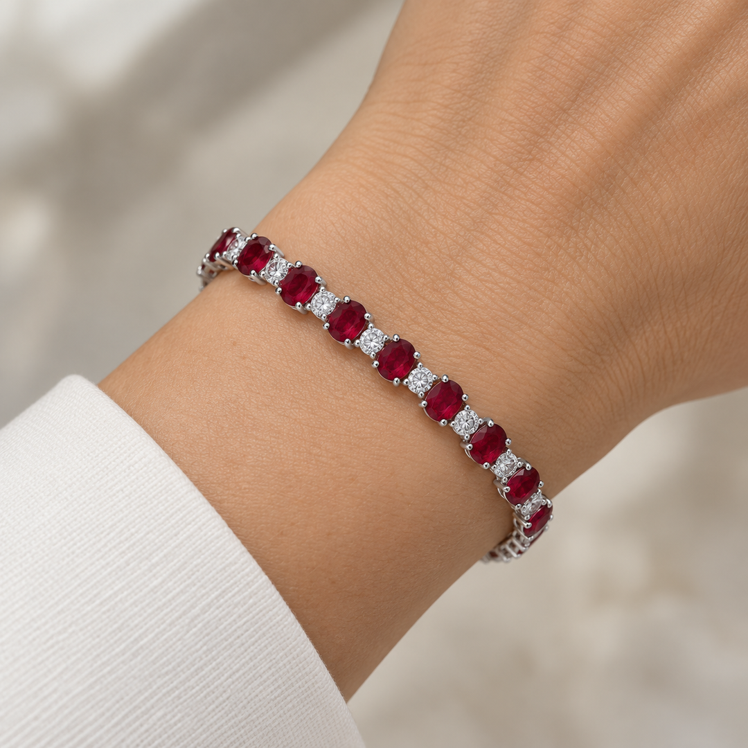18.99 CTW Ruby &amp; 2.12 CTW Diamond 18K White Gold Tennis Bracelet