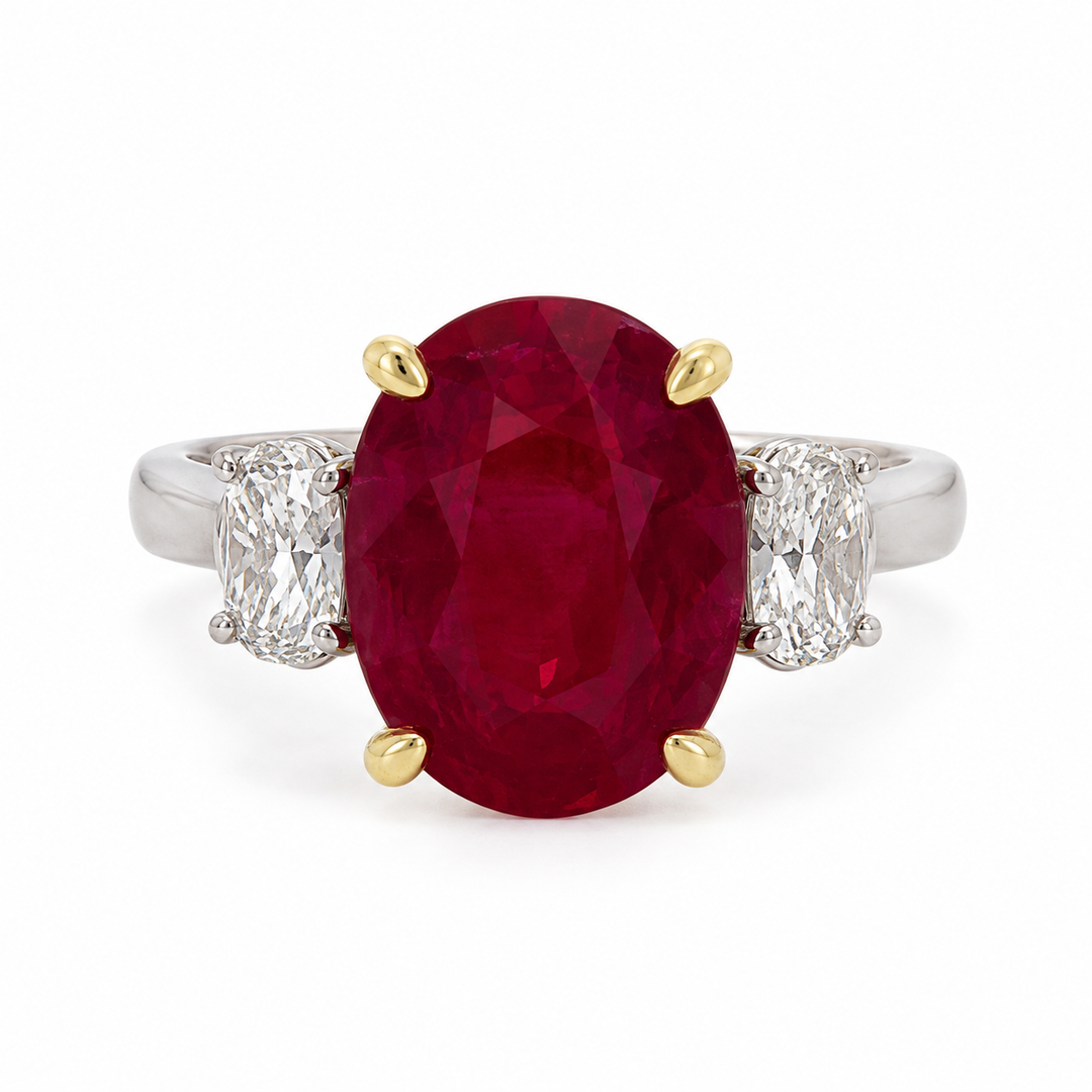 6.14 CT Ruby & 0.64 CTW Diamond 18K White & Yellow Gold Three-Stone Ring