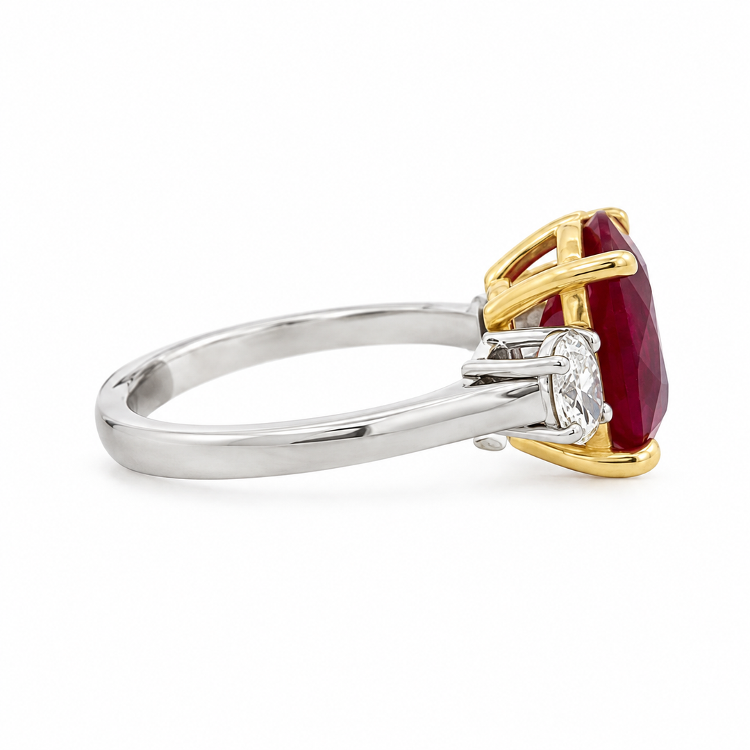 6.14 CT Ruby &amp; 0.64 CTW Diamond 18K White &amp; Yellow Gold Three-Stone Ring