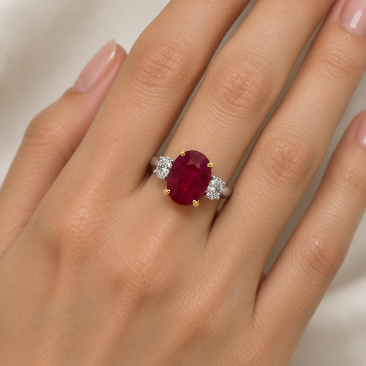 6.14 CT Ruby &amp; 0.64 CTW Diamond 18K White &amp; Yellow Gold Three-Stone Ring
