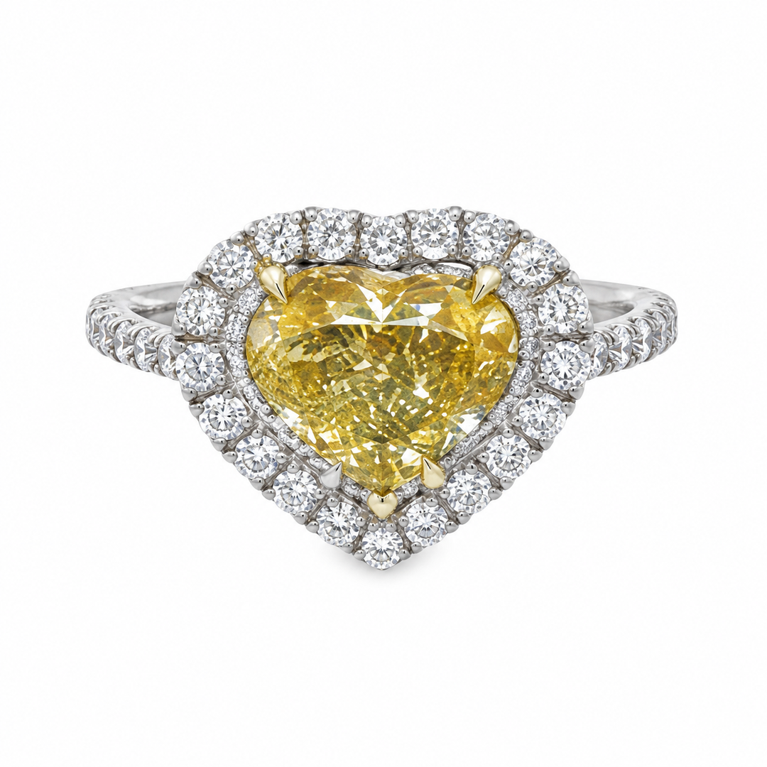 2.01 CT Fancy Yellow Heart Diamond & 0.65 CTW Diamond 18K White Gold Halo Ring