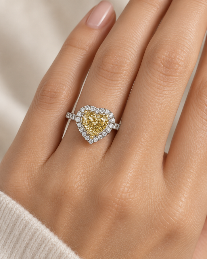 2.01 CT Fancy Yellow Heart Diamond &amp; 0.65 CTW Diamond 18K White Gold Halo Ring