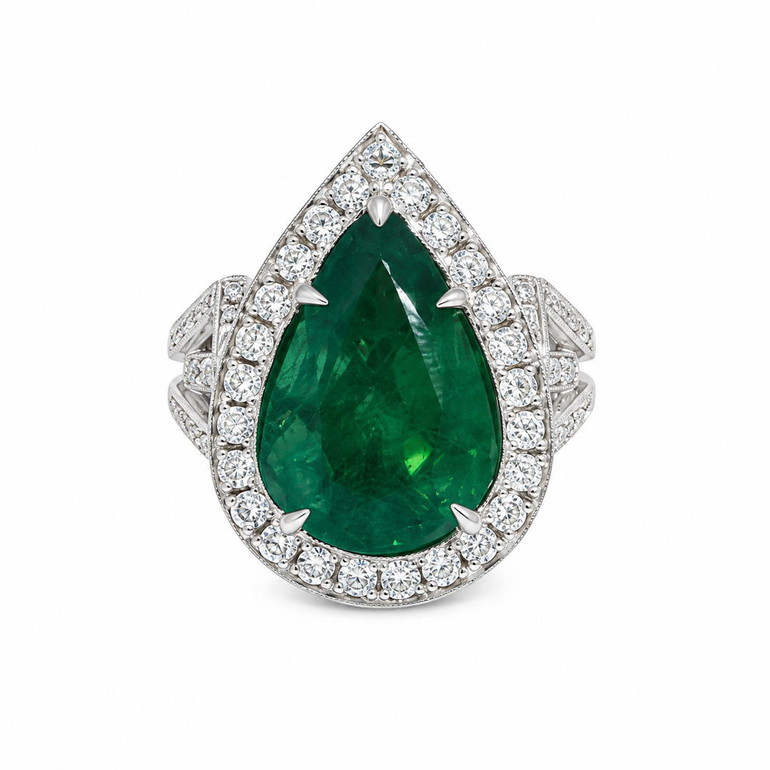 18K White Gold Pear Emerald & Diamond Ring (6.97 CTW)