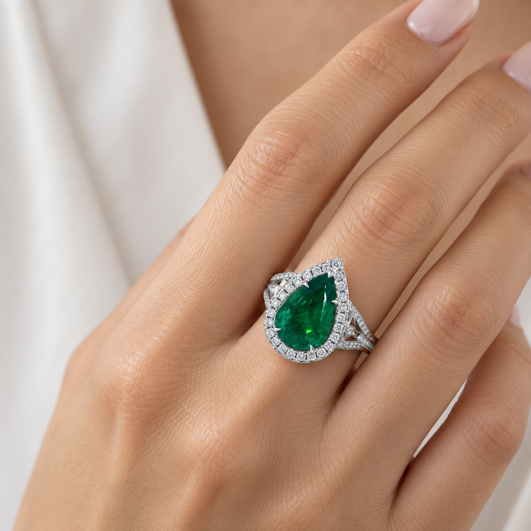 18K White Gold Pear Emerald &amp; Diamond Ring (6.97 CTW)