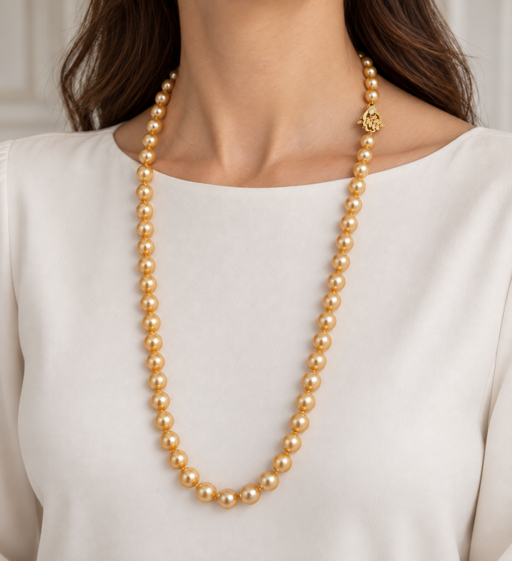 Golden Pearl 30-Inch Strand Necklace with 14K Yellow Gold Opal Clasp