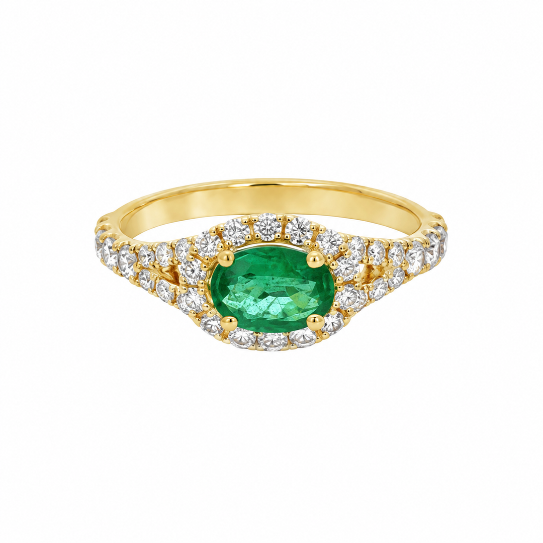 0.61 CT Oval Emerald &amp; 0.58 CTW Diamond Halo Ring in 14K Yellow Gold