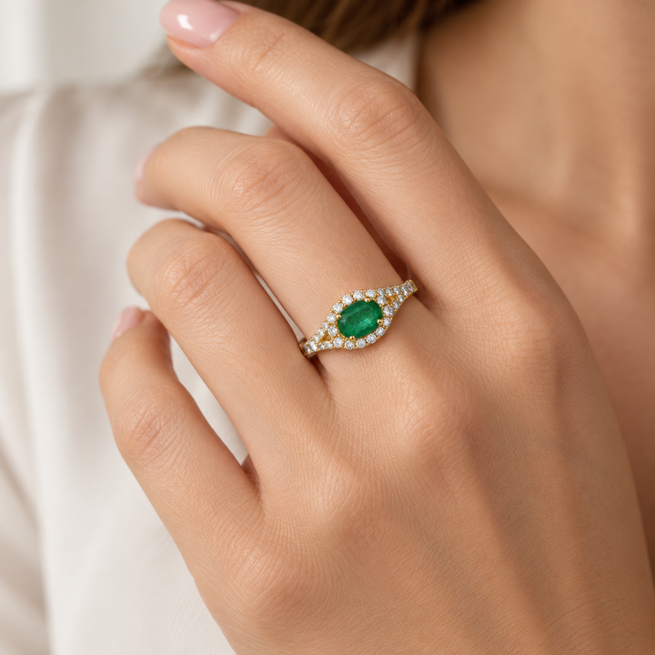 0.61 CT Oval Emerald &amp; 0.58 CTW Diamond Halo Ring in 14K Yellow Gold