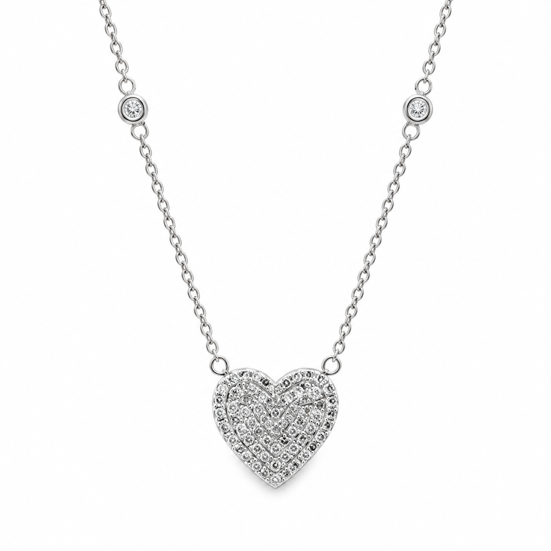 0.35 CTW Diamond Heart Station Chain Necklace, 14K White Gold