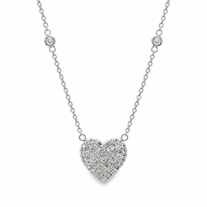 0.35 CTW Diamond Heart Station Chain Necklace, 14K White Gold