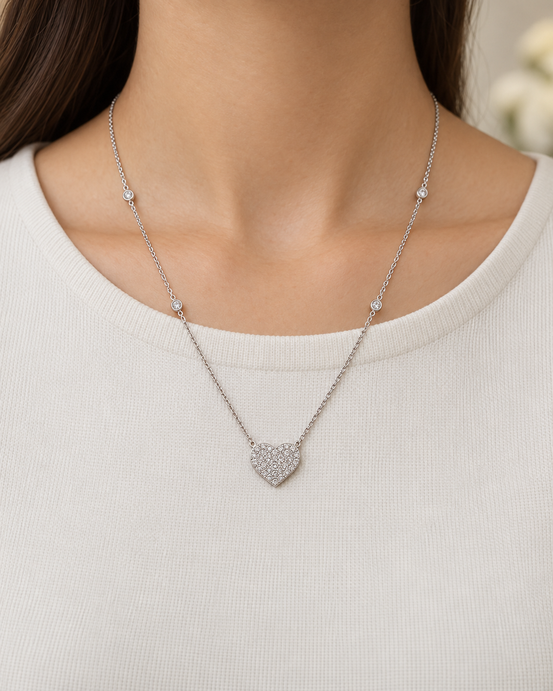 0.35 CTW Diamond Heart Station Chain Necklace, 14K White Gold