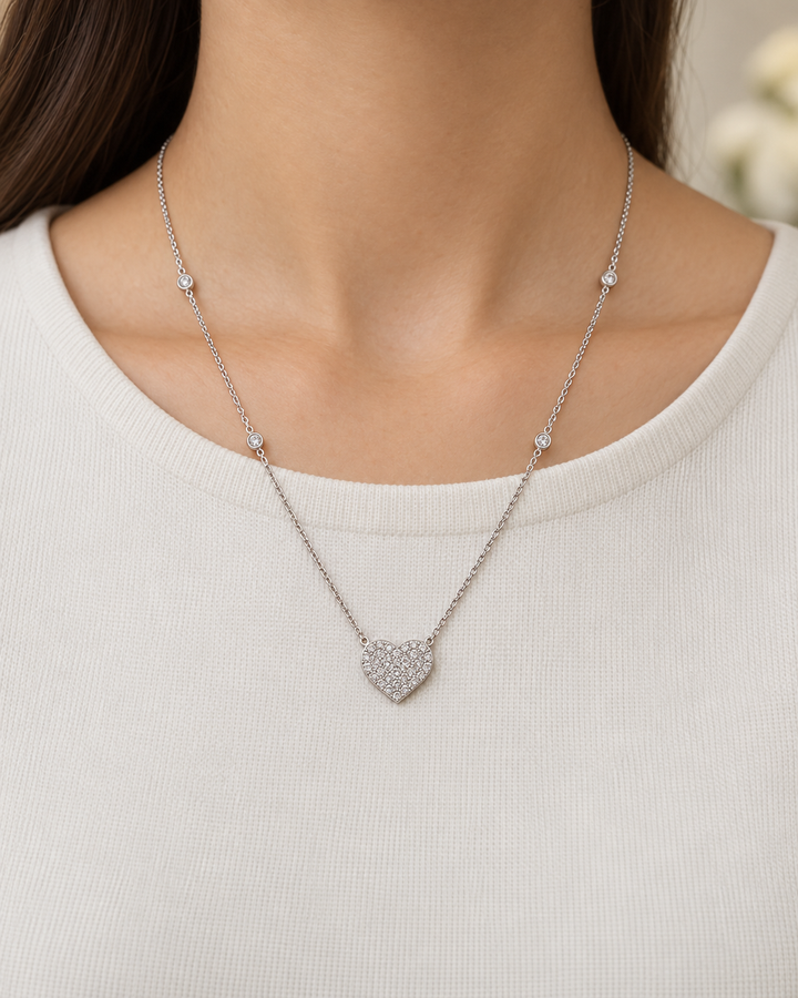 0.35 CTW Diamond Heart Station Chain Necklace, 14K White Gold