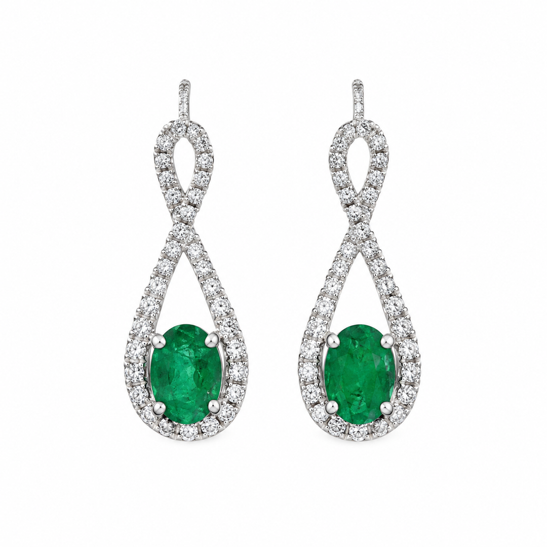 0.89 CTW Emerald & 0.38 CTW Diamond 14K White Gold Teardrop-Infinity Drop Earrings