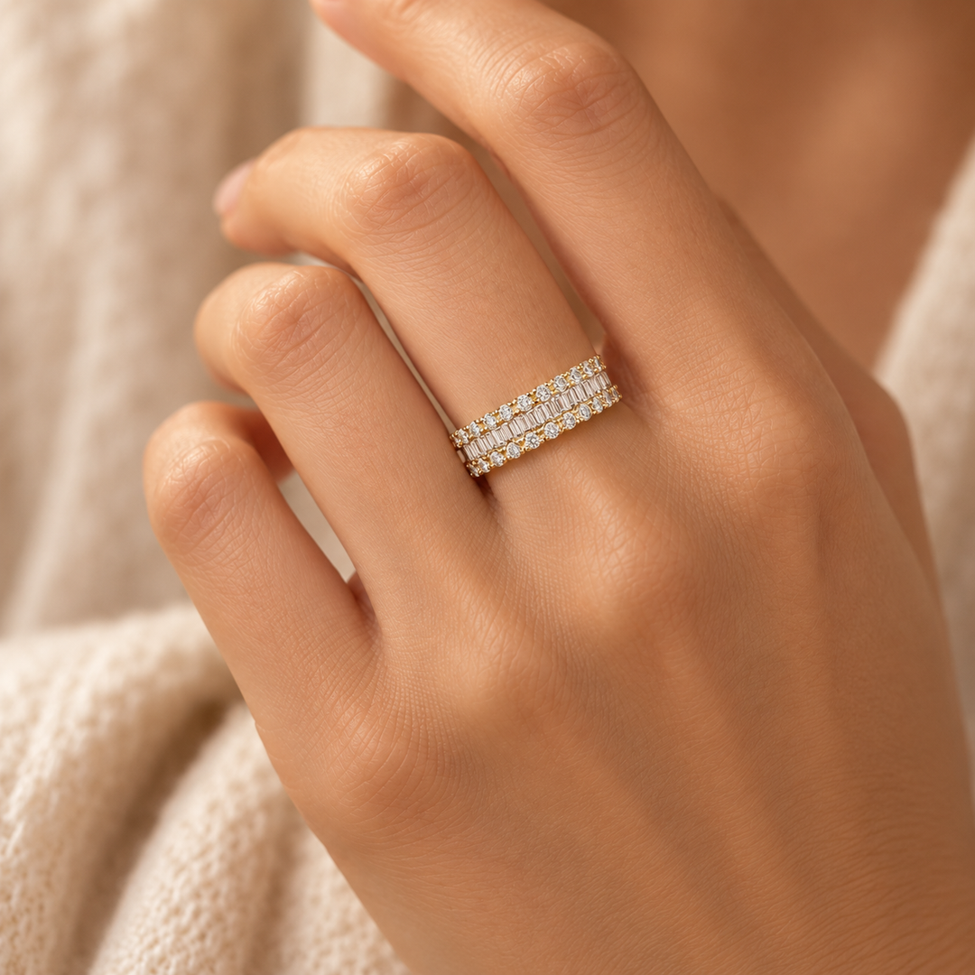 1.00 CTW Diamond 14K Yellow Gold Multi-Row Halfway Band Ring