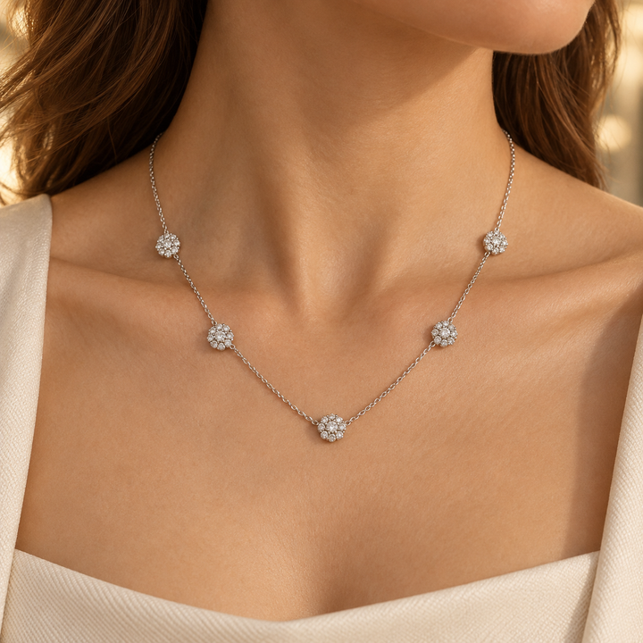 2.00 CTW Diamond Floret Station Necklace in 14K White Gold