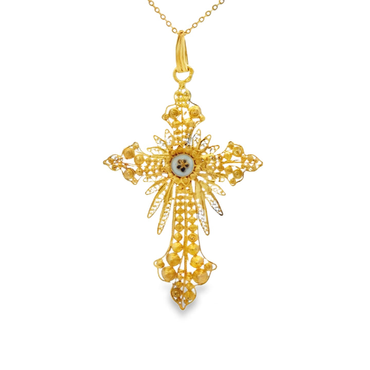 Vintage 14K Yellow Gold Ornate Filigree Cross Necklace