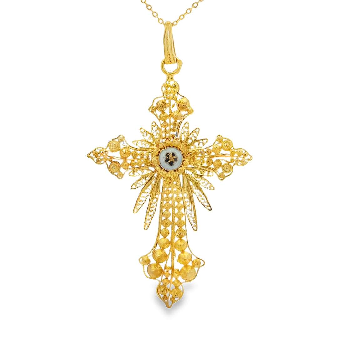 Vintage 14K Yellow Gold Ornate Filigree Cross Necklace