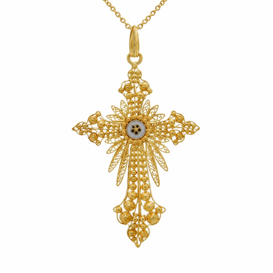 Vintage 14K Yellow Gold Ornate Filigree Cross Necklace