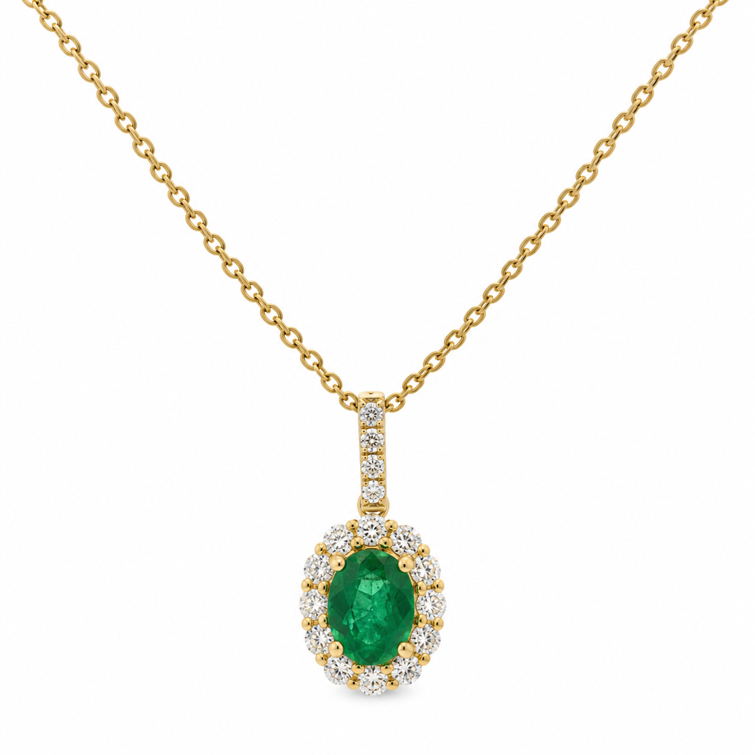 1.00 CT Oval Emerald & 0.41 CTW Diamond 14K Yellow Gold Pendant Necklace