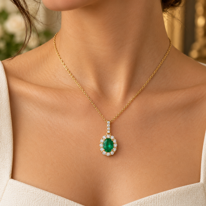 1.00 CT Oval Emerald &amp; 0.41 CTW Diamond 14K Yellow Gold Pendant Necklace
