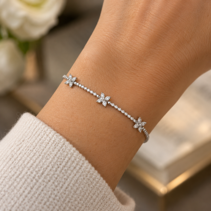 0.36 CTW Diamond Flower Flexible Bangle in 14K White Gold