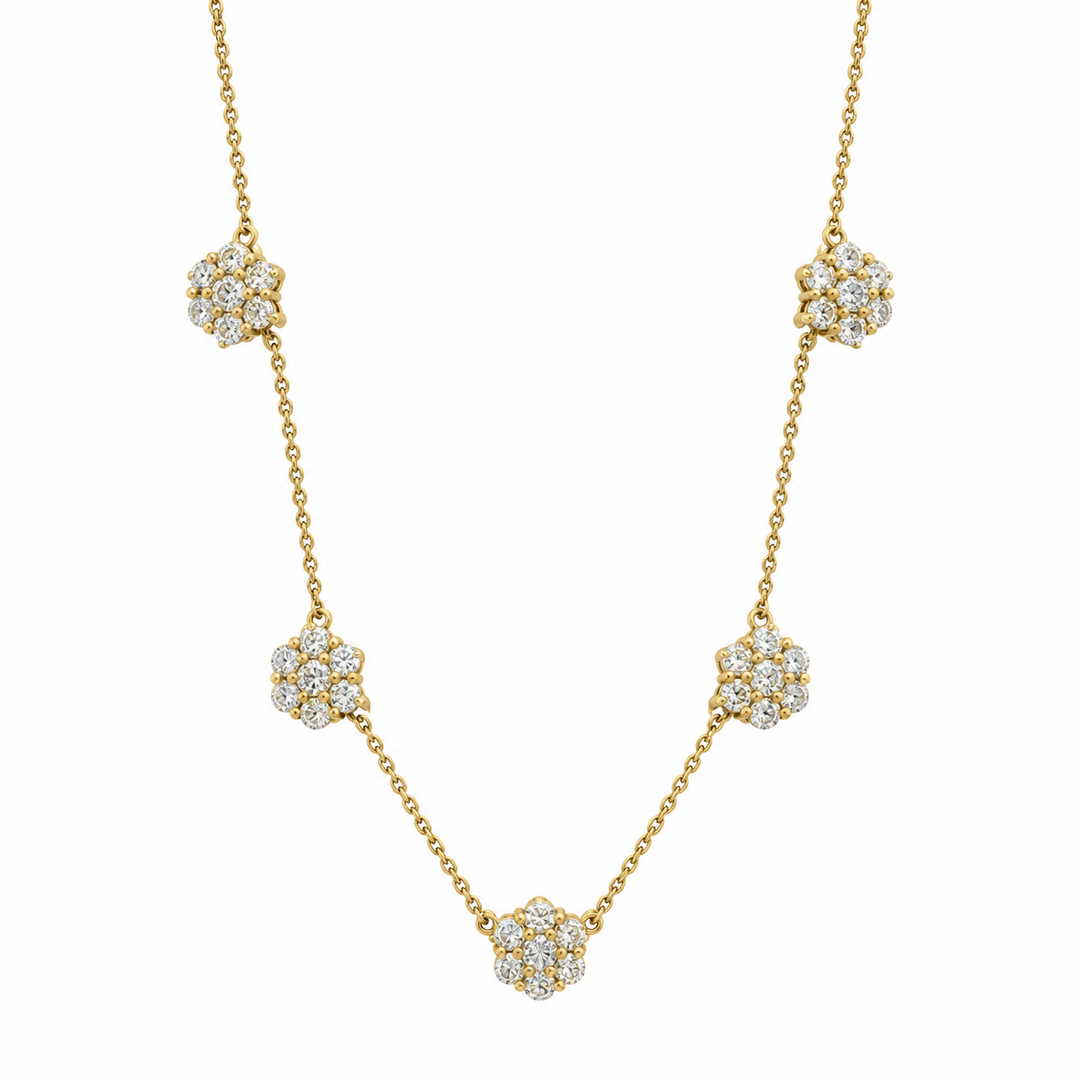 2.00 CTW Round Diamonds Yellow 14K Gold Flower Station Necklace