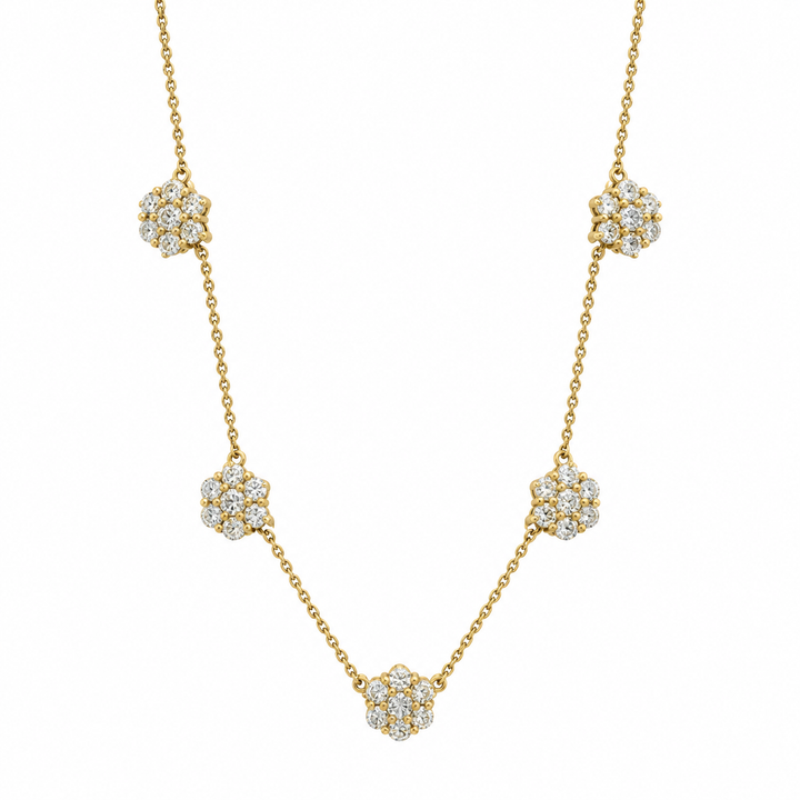 2.00 CTW Round Diamonds Yellow 14K Gold Flower Station Necklace