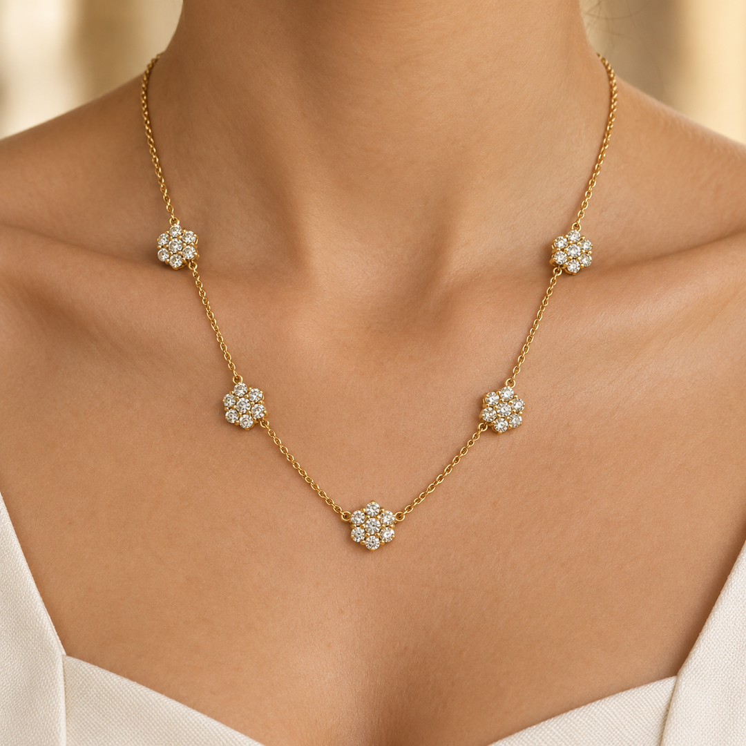 2.00 CTW Round Diamonds Yellow 14K Gold Flower Station Necklace