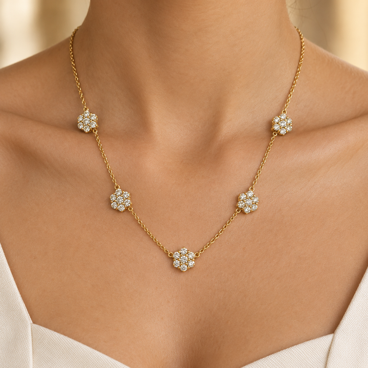 2.00 CTW Round Diamonds Yellow 14K Gold Flower Station Necklace